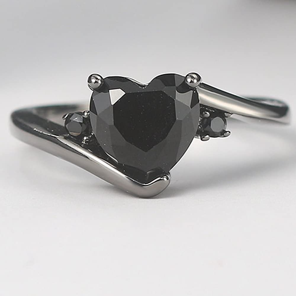 Black Gold Plated Heart Shaped Stone Solitaire Style Wedding Engagement Promise Statement Ring (Full Black, 8)