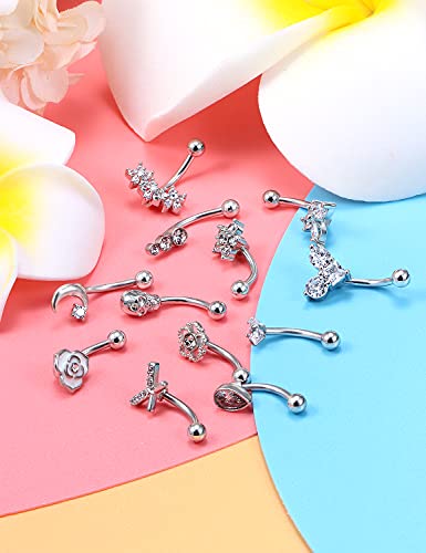 Vsnnsns 16G Rook Daith Piercing Jewelry Stainless Steel 8mm Curved Barbell Eyebrow Rings Helix Tragus Belly Lip Rings CZ Piercing Jewelry Cartilage Daith Rook Earrings for Women Men 12pcs Silve