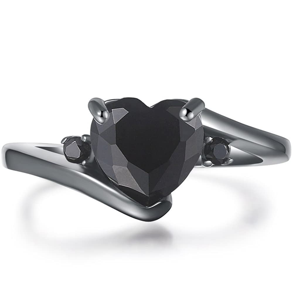 Black Gold Plated Heart Shaped Stone Solitaire Style Wedding Engagement Promise Statement Ring (Full Black, 8)