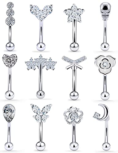 Vsnnsns 16G Rook Daith Piercing Jewelry Stainless Steel 8mm Curved Barbell Eyebrow Rings Helix Tragus Belly Lip Rings CZ Piercing Jewelry Cartilage Daith Rook Earrings for Women Men 12pcs Silve