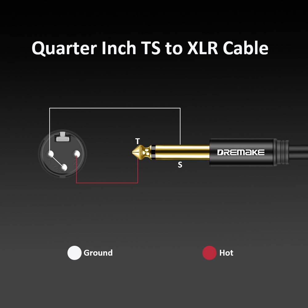 DREMAKE 3-Pin XLR Male to TS 1/4 (6.35mm) Mono Jack Male Unbalanced Microphone Interconnect Cable, Quarter Inch to XLR Mic Audio Cord for Mixing Boards, Studio Harmonizers - Black/3 Feet