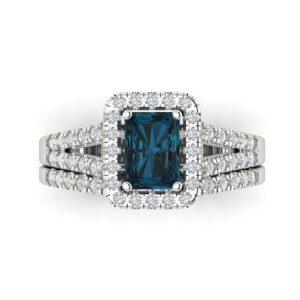 Clara Pucci 1.54ct Emerald Round cut Engraving Pave Halo London Blue Topaz Wedding Anniversary Ring band set 14k White Gold Size 8.25