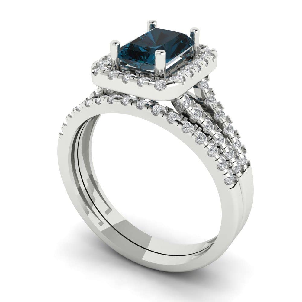 Clara Pucci 1.54ct Emerald Round cut Engraving Pave Halo London Blue Topaz Wedding Anniversary Ring band set 14k White Gold Size 8.25