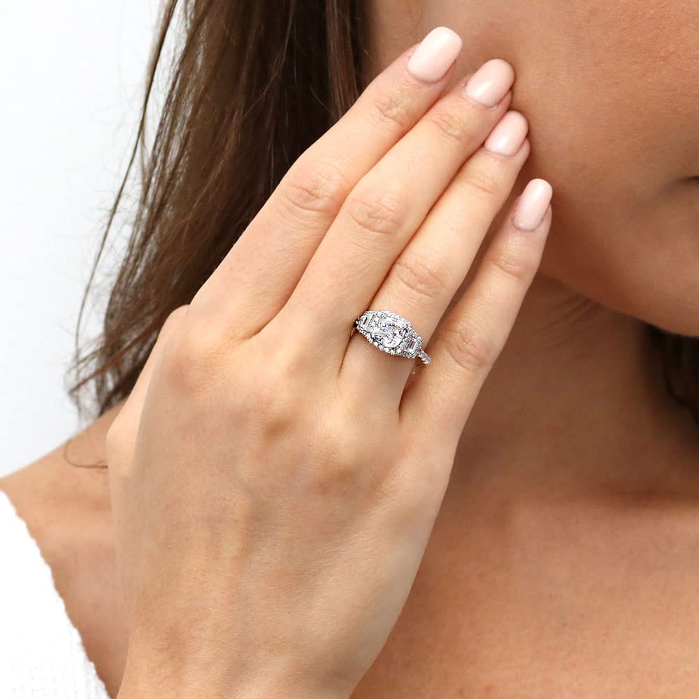 BERRICLE Sterling Silver 3-Stone Wedding Engagement Rings Cushion Cut Cubic Zirconia CZ Halo Ring for Women, Rhodium Plated Size 8