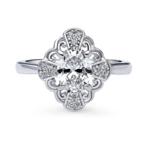 BERRICLE Sterling Silver Halo Wedding Engagement Rings Oval Cut Cubic Zirconia CZ Flower Ring for Women, Rhodium Plated Size 8