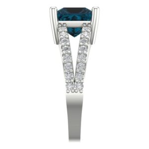 Clara Pucci 2.39ct Princess cut Custom Engraving Solitaire split shank London Blue Topaz Statement Art Deco Ring 14k White Gold SZ 9.5