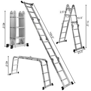 ERGOMASTER Extension Ladder 7 in 1 Aluminum Folding Step Ladders Adjustable Telescoping Multi Position Ladder for Home Stairs Roof Warehouse 330lbs（12.2 Feet）