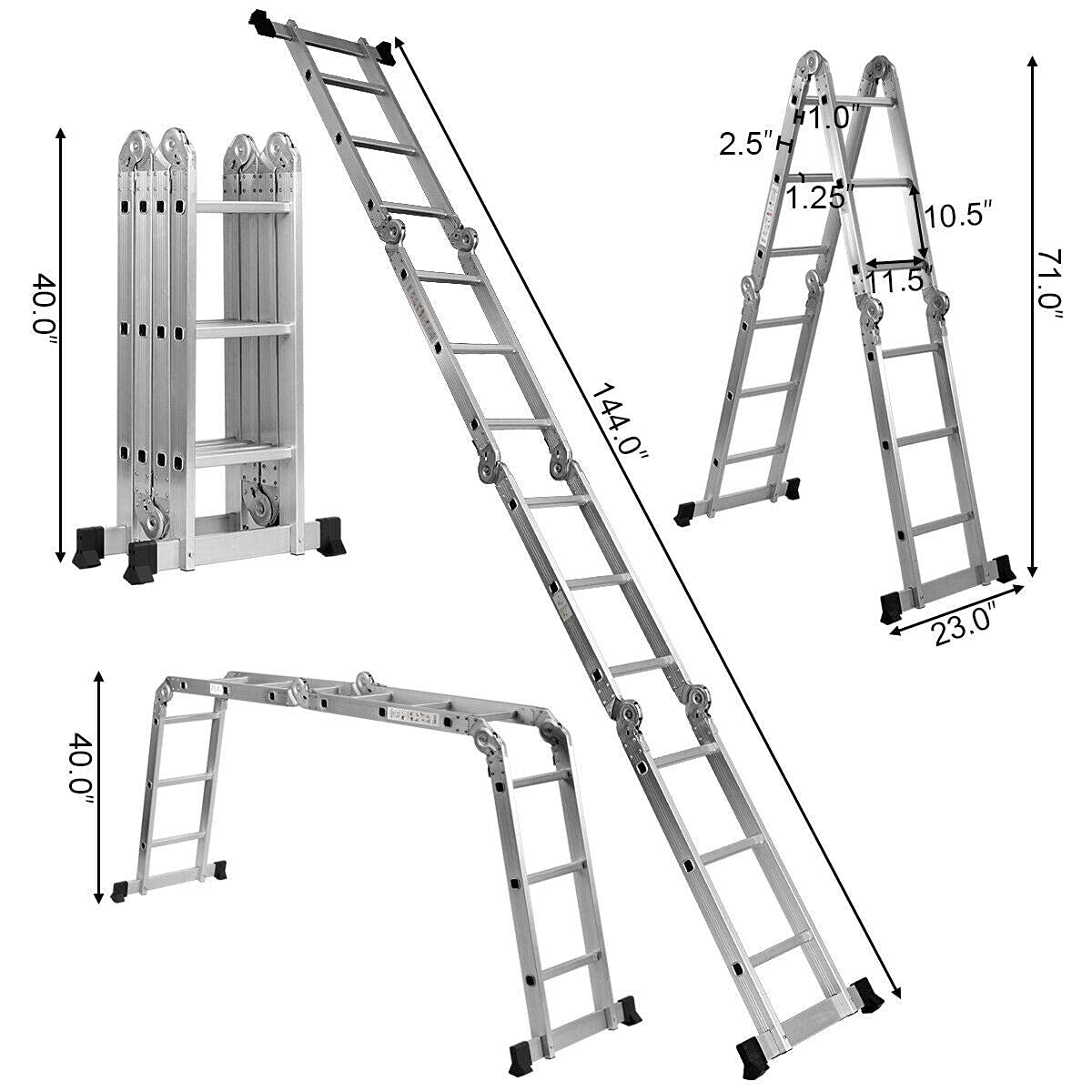 ERGOMASTER Extension Ladder 7 in 1 Aluminum Folding Step Ladders Adjustable Telescoping Multi Position Ladder for Home Stairs Roof Warehouse 330lbs（12.2 Feet）