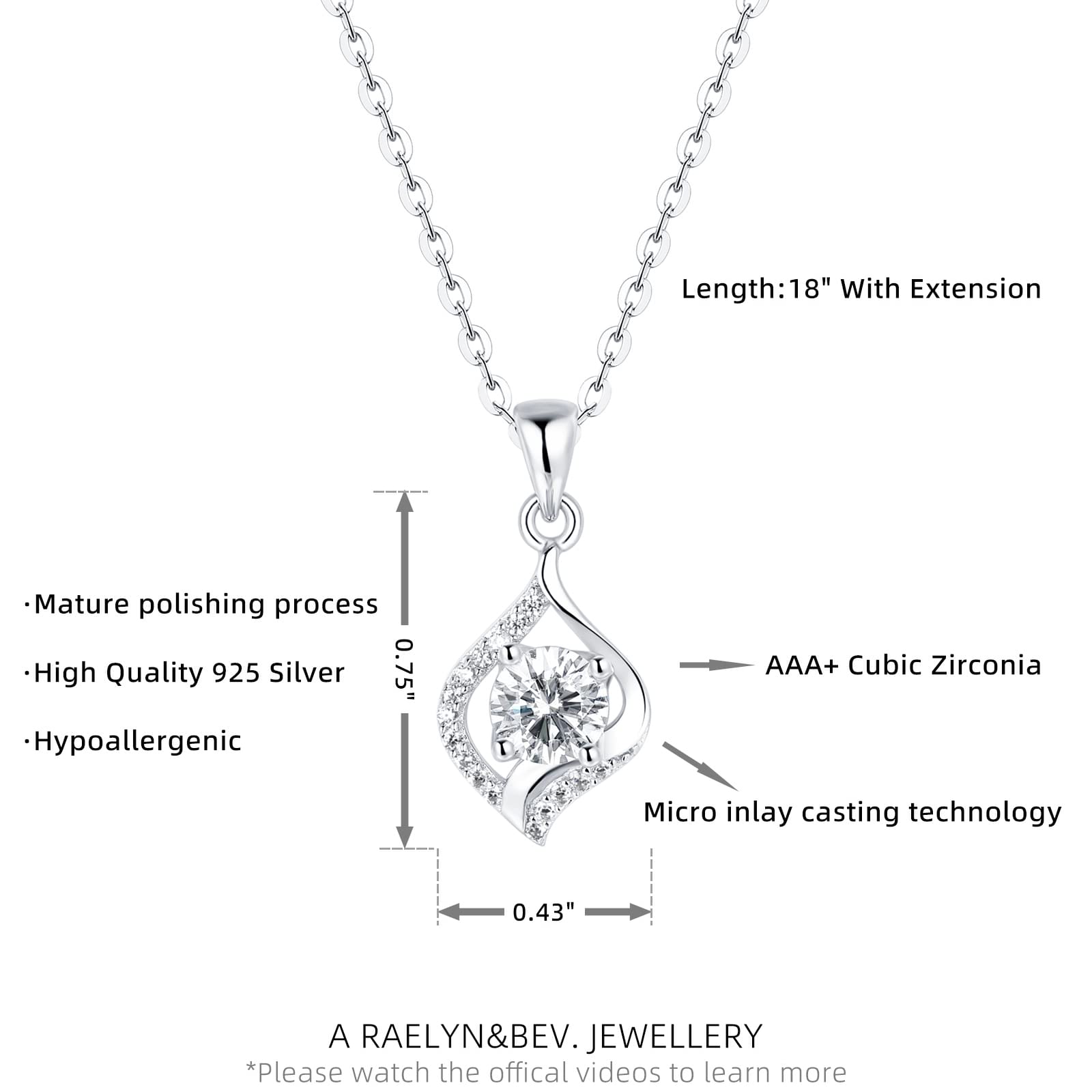 Raelyn&Bev. 18” Sterling Silver Cubic Zirconia Pendant Necklace for Women with Polishing Cloth, Protection Box and Velvet Drawstring Bag