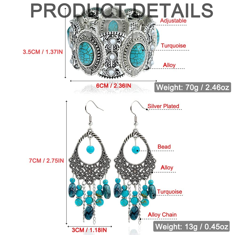 3 Pcs Turquoise Jewelry for Women, Western Jewelry Set Silver Boho Western Necklaces Bohemian Western Earrings Turquoise Pendant Necklaces Faux Leather Layered Bracelet