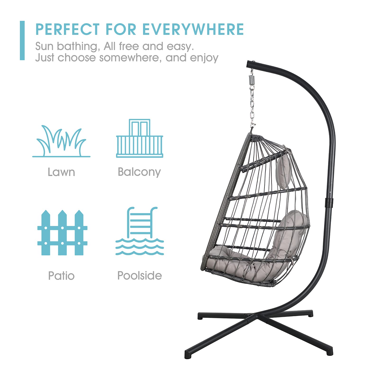 Patiorama Indoor Outdoor Egg Swing Chair with Stand, Patio Grey Wicker Rattan Hanging Chair with Rope Back, Cushion,Cover,All Weather Foldable Hammock Chair for Bedroom, Garden (Light Grey)