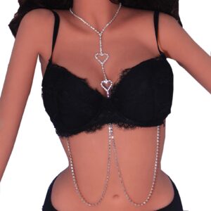 Sexy Bling Rhinestone Bra Chain Crystal Waist Belly Bikini Body Chain Jewelry Rhinestone Non Piercing Red Nipple Body Chain for Women (Color 1)