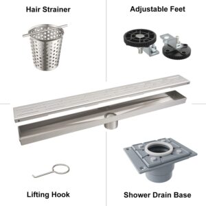 EMBATHER 24 Inches Linear Shower Drain with Removable Pattern Grate, CUPC Certified, 304 Stainless Steel Floor Drain and Shower Drain Base Included Hair Strainer and Leveling Feet, Brushed Nickel