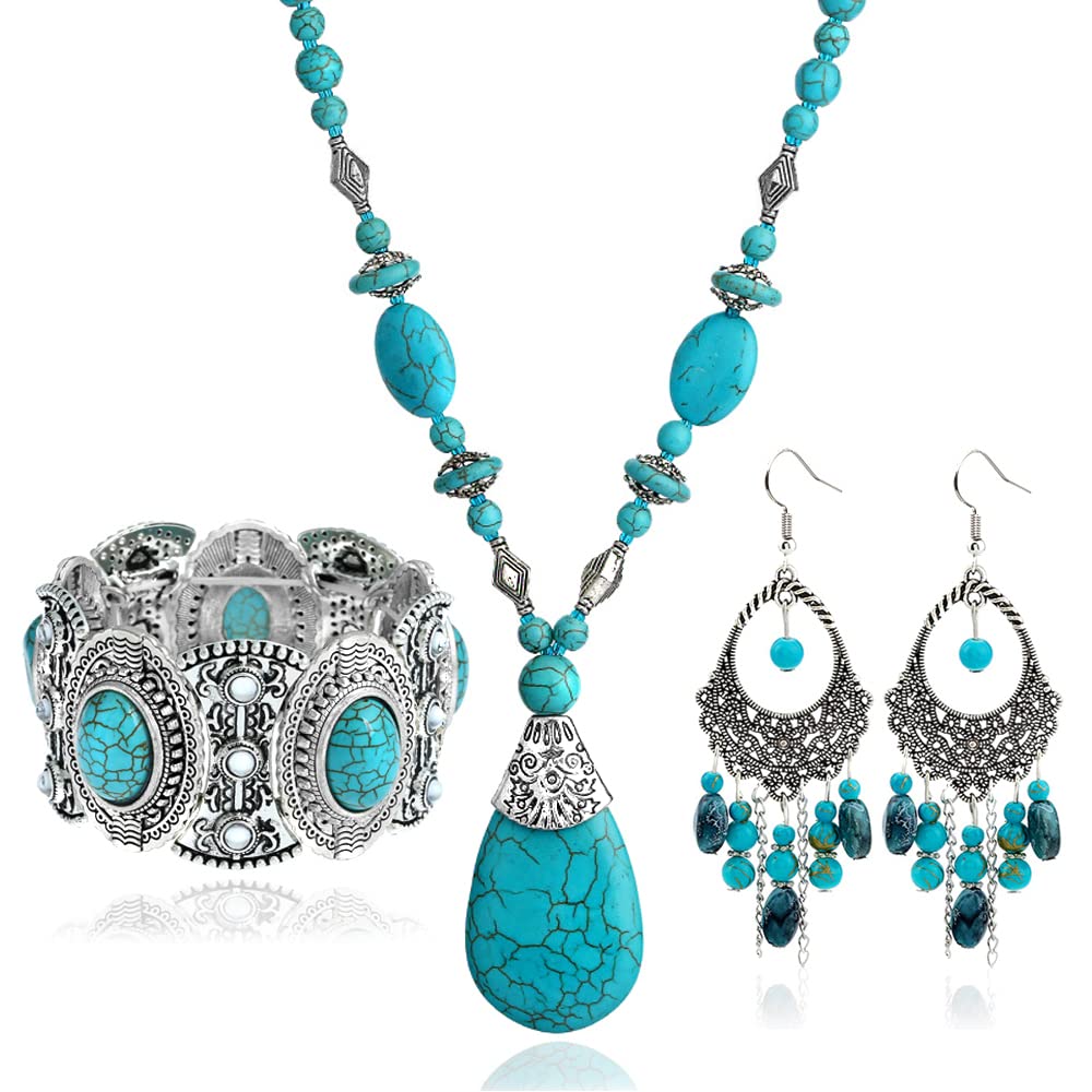 3 Pcs Turquoise Jewelry for Women, Western Jewelry Set Silver Boho Western Necklaces Bohemian Western Earrings Turquoise Pendant Necklaces Faux Leather Layered Bracelet