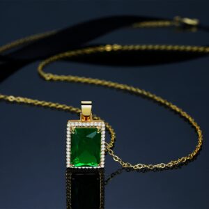 VONSSY Green Pendant Necklace | Rectangle Created-Emerald Pendant Necklace | 18" with 2" Extender Chain