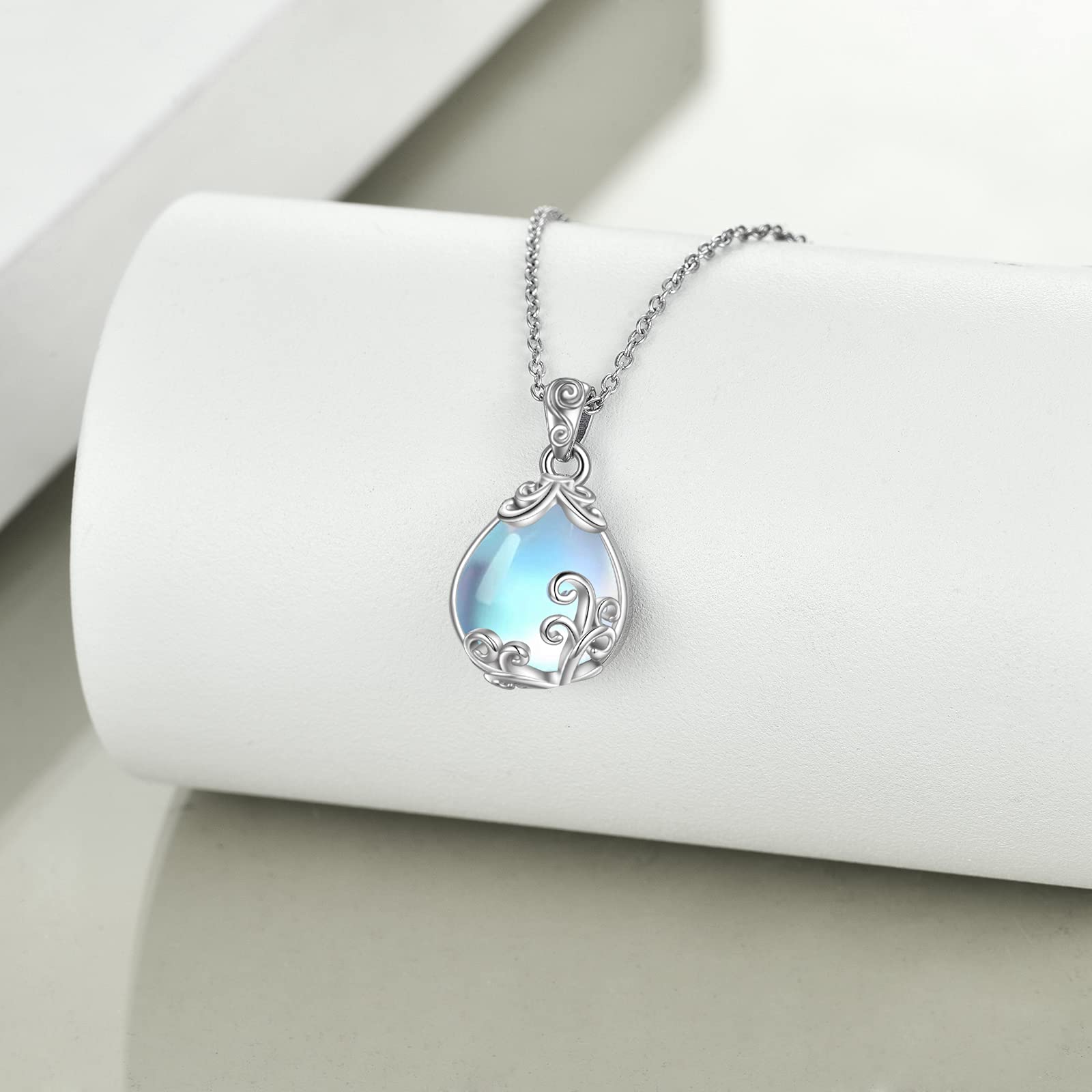 POPLYKE Sterling Silver Moonstone Filigree Teardrop Necklace Jewelry for Women （Small）