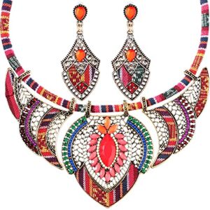 junkin 2 pieces african jewelry for women colorful costume jewelry boho vintage statement choker ethnic style necklace earring set bohemian chunky collar african beaded necklaces dangle earrings