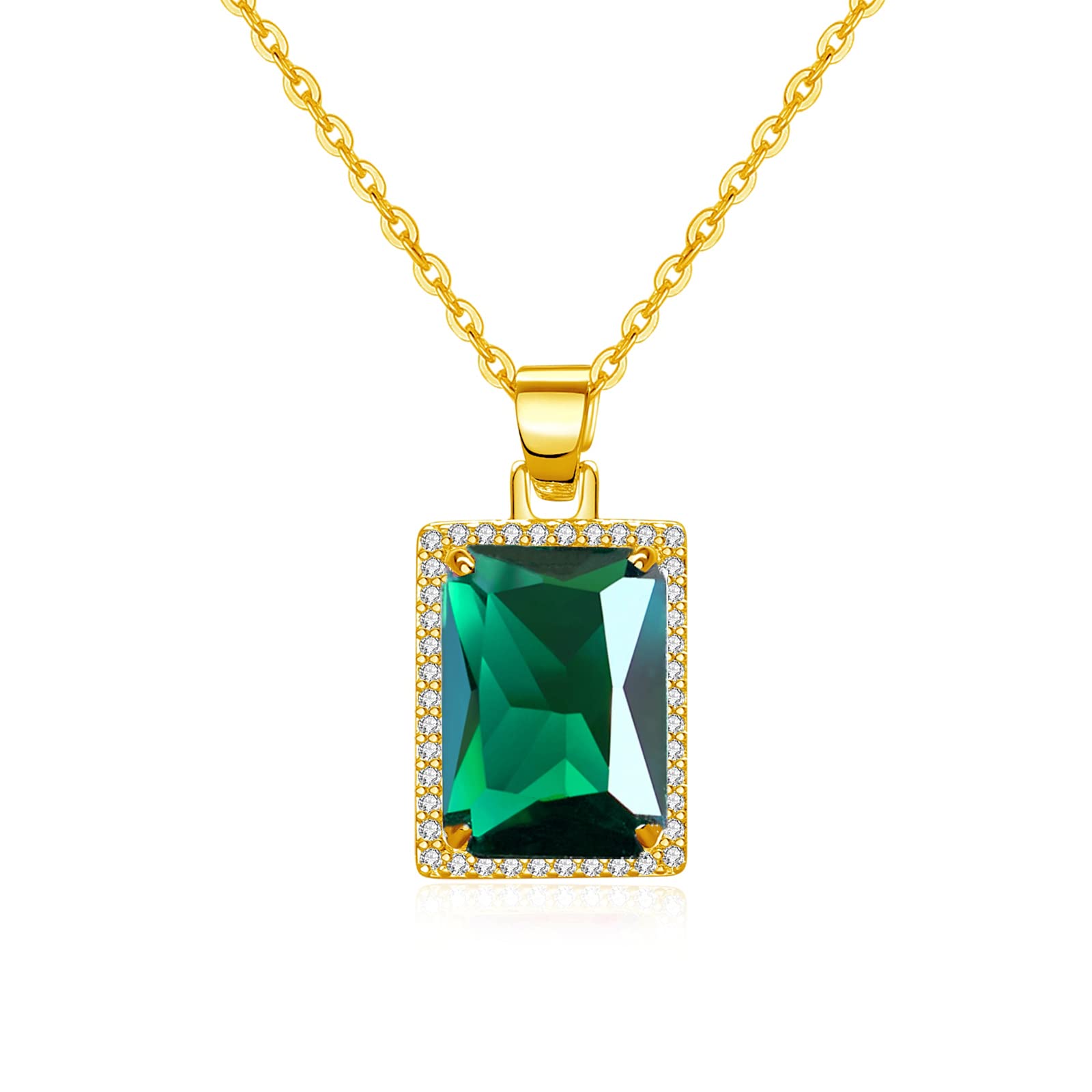 VONSSY Green Pendant Necklace | Rectangle Created-Emerald Pendant Necklace | 18" with 2" Extender Chain