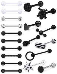 leiainely black 14g 14 gauge metal plastic silicone acrylic balls tongue rings piercing jewelry aretes para la lengua for women men surgical stainless steel