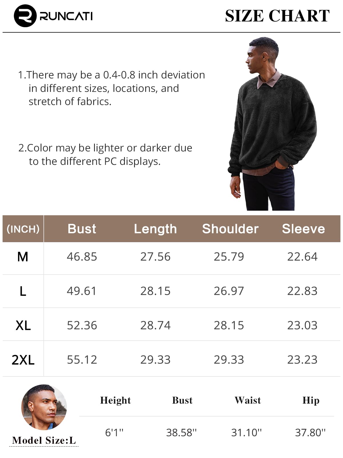 Runcati Mens Fuzzy Sherpa Sweatshirt Long Sleeve Fluffy Crew Neck Pullover Cozy Basic Unisex Fall Winter Warm Tops