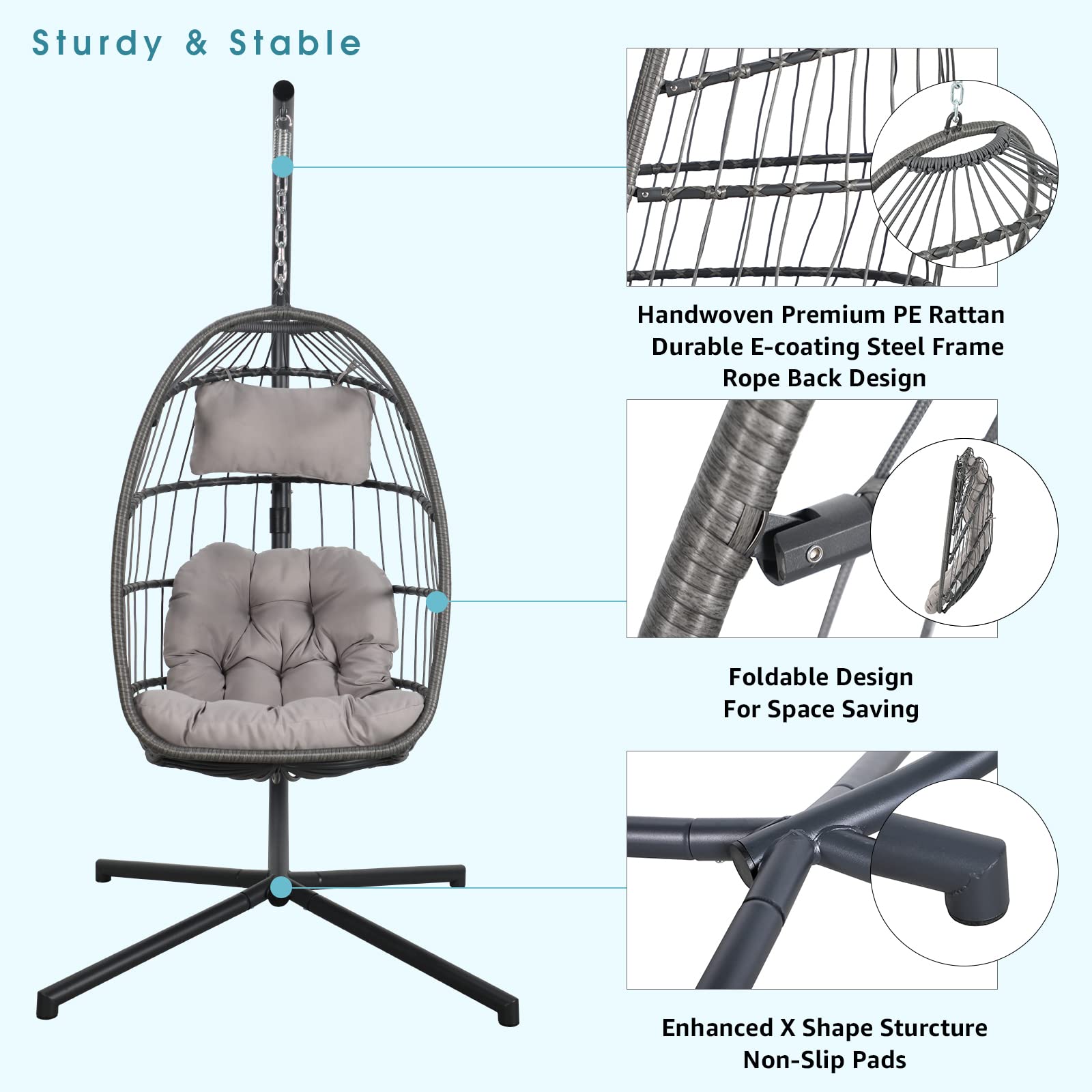 Patiorama Indoor Outdoor Egg Swing Chair with Stand, Patio Grey Wicker Rattan Hanging Chair with Rope Back, Cushion,Cover,All Weather Foldable Hammock Chair for Bedroom, Garden (Light Grey)