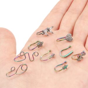 Vsnnsns Fake Nose Ring Stud Stainless Steel 20G Faux Septum Nose Piercing Jewelry Clip On Nose Ring Cuffs Non Piercing Nose Hoop Ring for Women Men 9pcs Rainbow