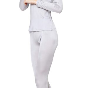 METWAY Women's Silk Long Johns V-neck Pure Silk Silk Long Underwear Thermal Underwear Sets for Winter Base Layer (X-Large SilverGrey)