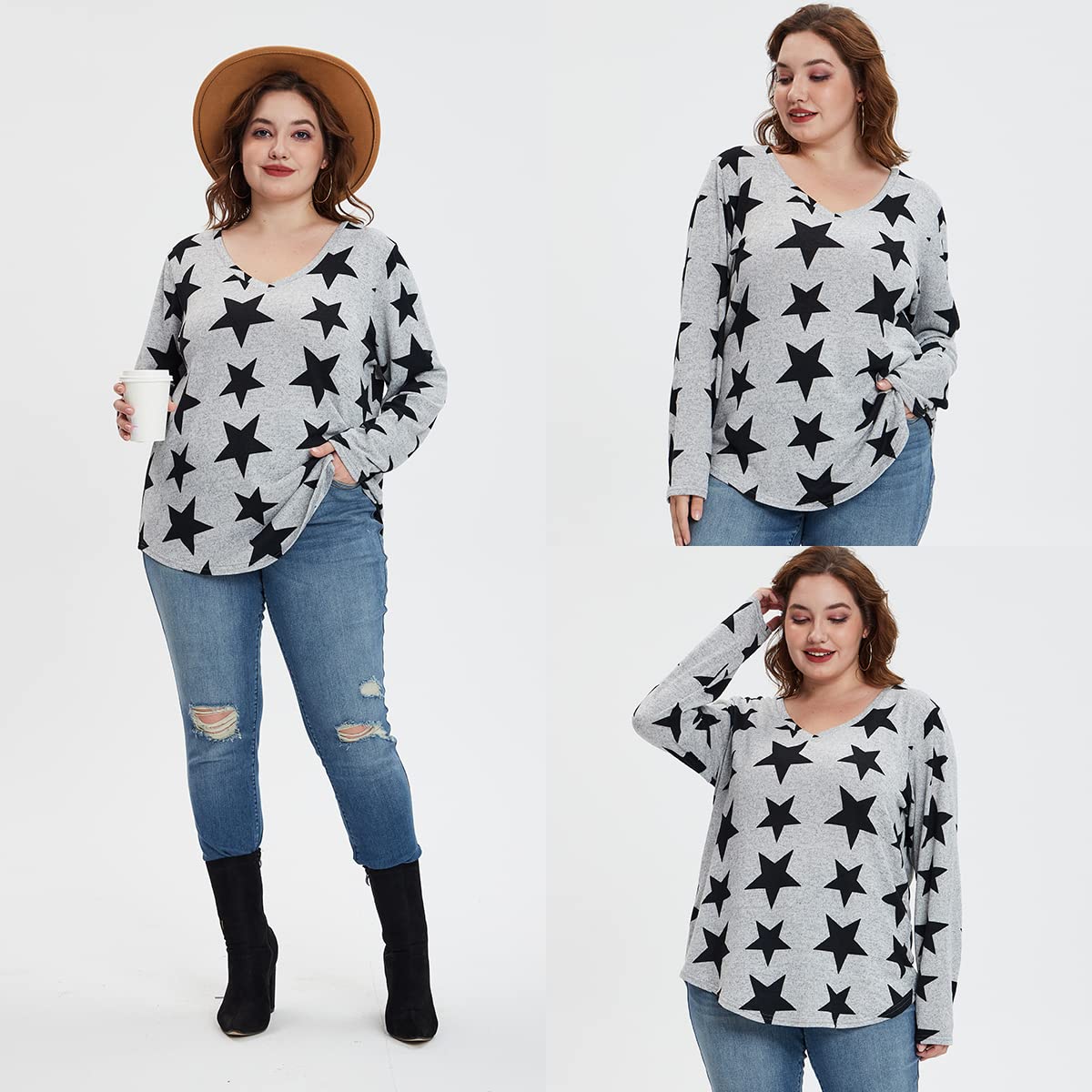 CARCOS Plus Size Tops for Women 3X Long Sleeve T Shirts V Neck Star Print Blouses Casual Grey Pullover Sweatshirts 3XL 22W 24W