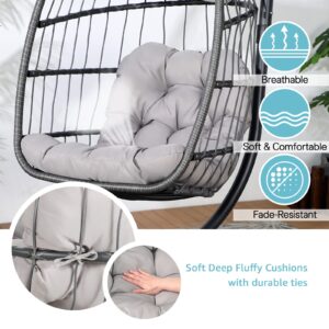 Patiorama Indoor Outdoor Egg Swing Chair with Stand, Patio Grey Wicker Rattan Hanging Chair with Rope Back, Cushion,Cover,All Weather Foldable Hammock Chair for Bedroom, Garden (Light Grey)