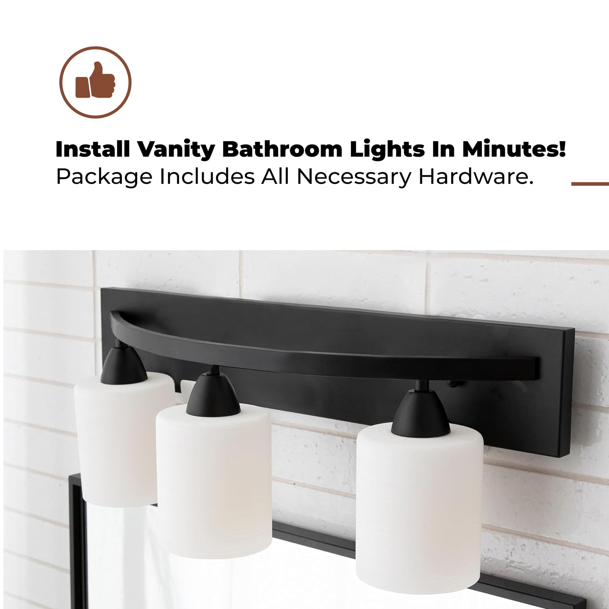 Dorence Bathroom Vanity Light Fxiture | Interior Bathroom Lighting Bar with Modern Milk Glass Shade | Bathroom Lights Over Mirror | Matte Black, 3 Lights, E26 100W LED, Bulbs not Included