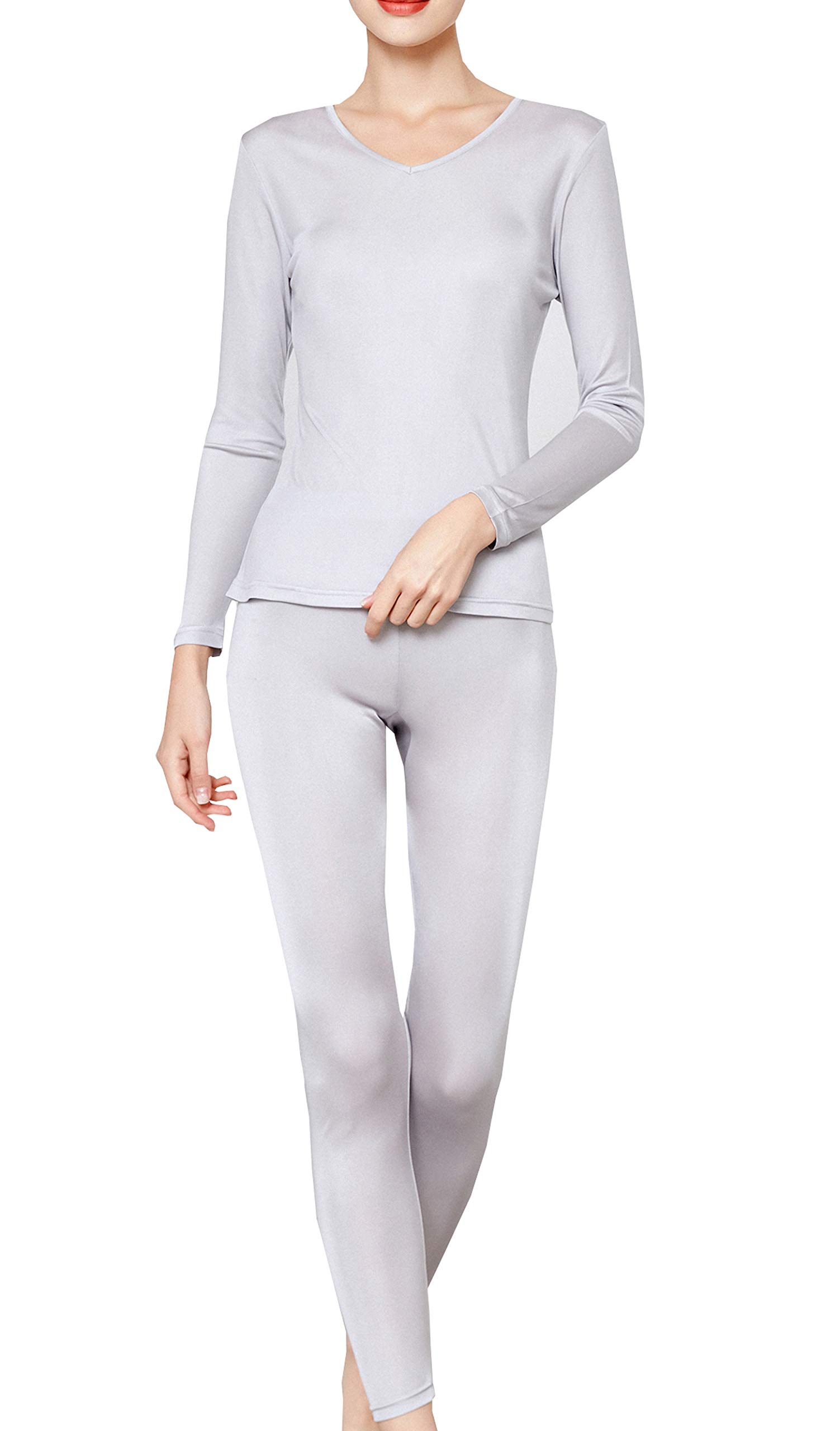 METWAY Women's Silk Long Johns V-neck Pure Silk Silk Long Underwear Thermal Underwear Sets for Winter Base Layer (X-Large SilverGrey)