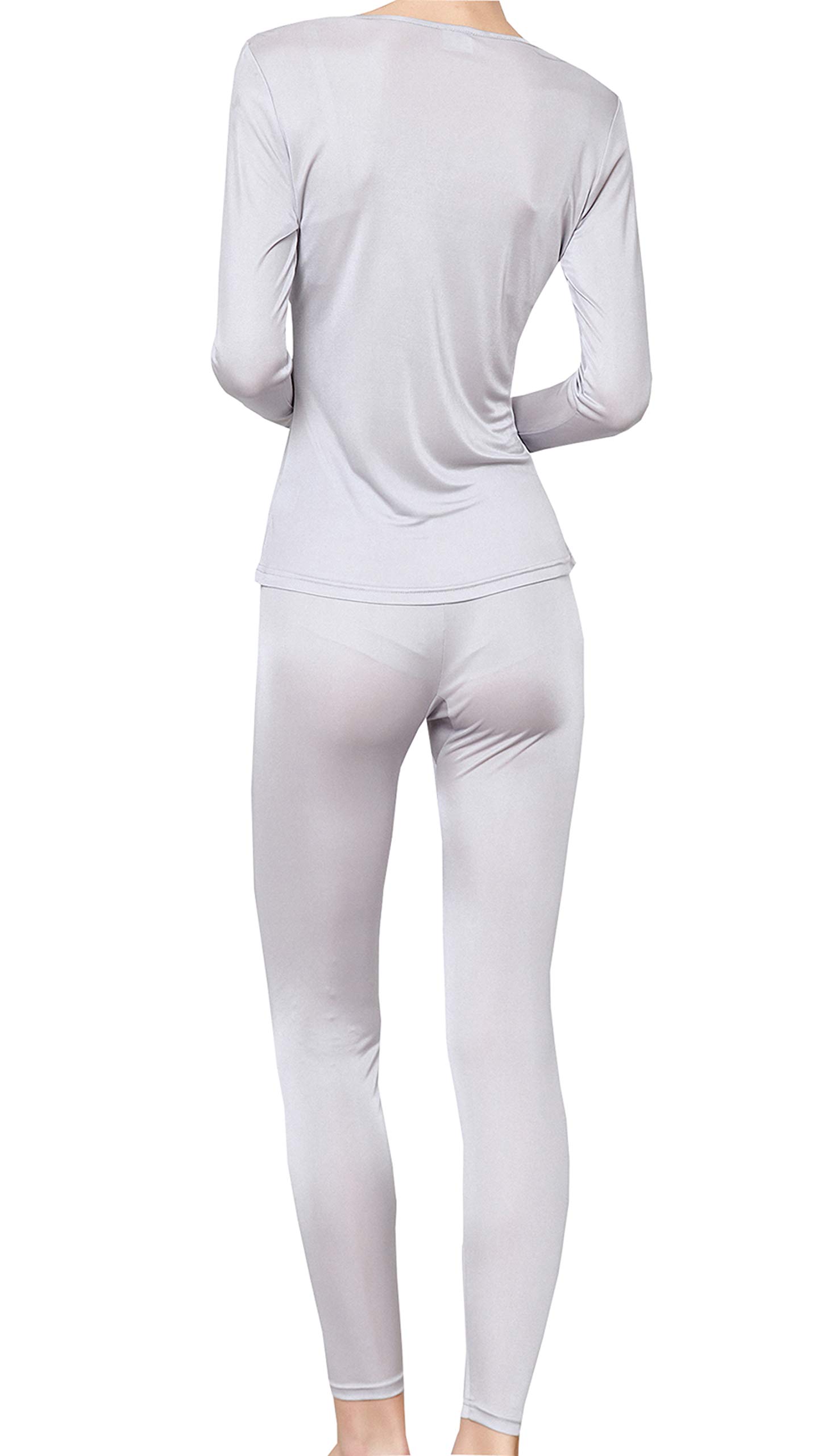 METWAY Women's Silk Long Johns V-neck Pure Silk Silk Long Underwear Thermal Underwear Sets for Winter Base Layer (X-Large SilverGrey)