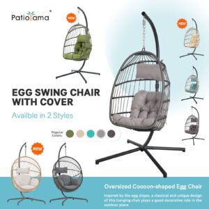 Patiorama Indoor Outdoor Egg Swing Chair with Stand, Patio Grey Wicker Rattan Hanging Chair with Rope Back, Cushion,Cover,All Weather Foldable Hammock Chair for Bedroom, Garden (Light Grey)