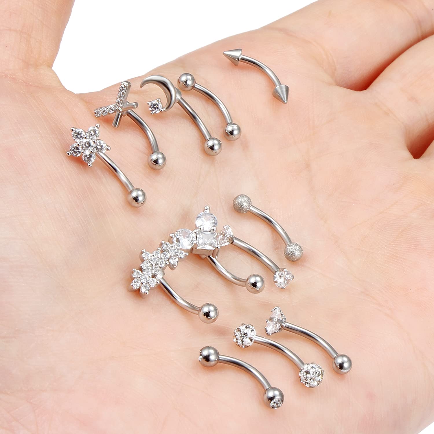 Vsnnsns 16G Rook Daith Piercing Jewelry Stainless Steel 8mm Curved Barbell Eyebrow Rings Cartilage Helix Tragus Belly Lip Rings CZ Piercing Jewelry Daith Rook Earrings for Women Men 12pcs Silve