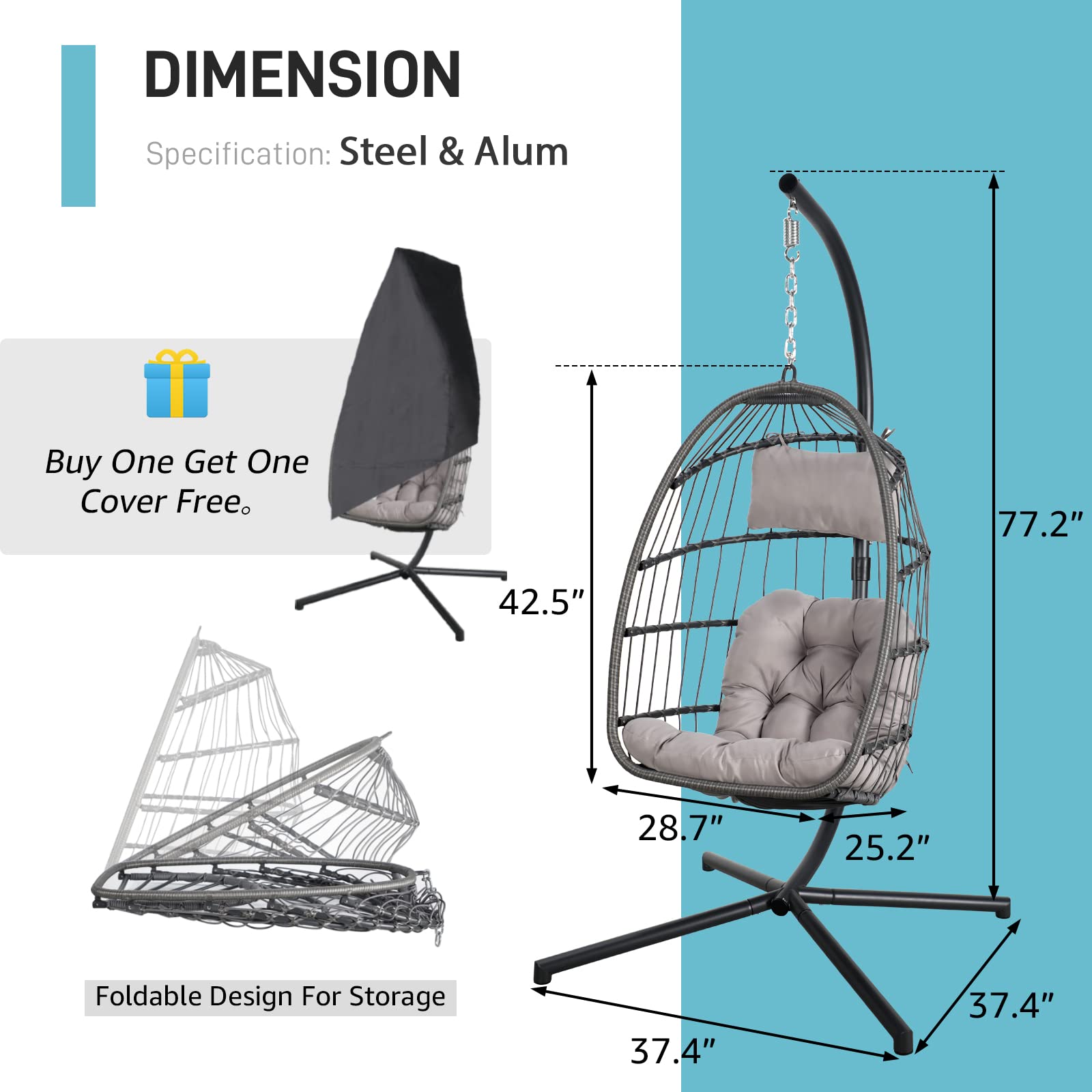 Patiorama Indoor Outdoor Egg Swing Chair with Stand, Patio Grey Wicker Rattan Hanging Chair with Rope Back, Cushion,Cover,All Weather Foldable Hammock Chair for Bedroom, Garden (Light Grey)