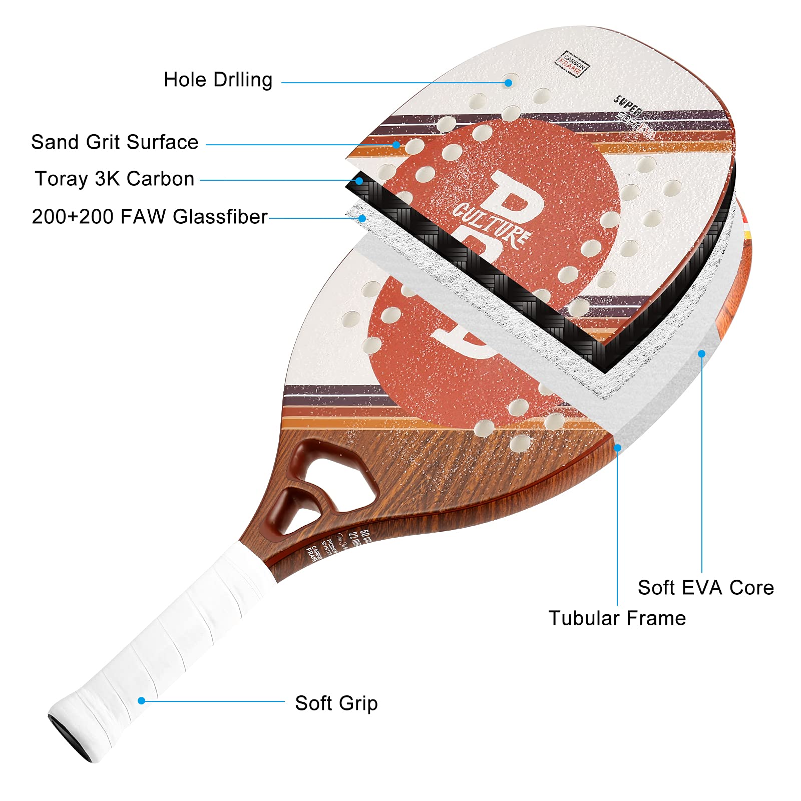 Beach Tennis Paddle Racquet Racket 22mm Full Carbon Sandgrit Surface with coverbag (BT10-Wood)