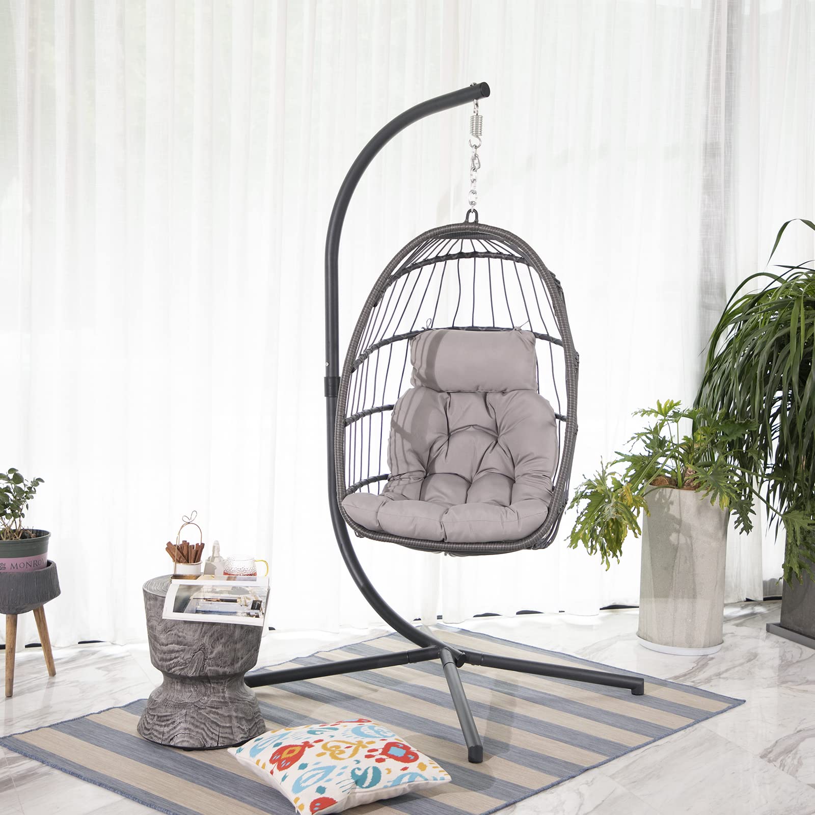 Patiorama Indoor Outdoor Egg Swing Chair with Stand, Patio Grey Wicker Rattan Hanging Chair with Rope Back, Cushion,Cover,All Weather Foldable Hammock Chair for Bedroom, Garden (Light Grey)