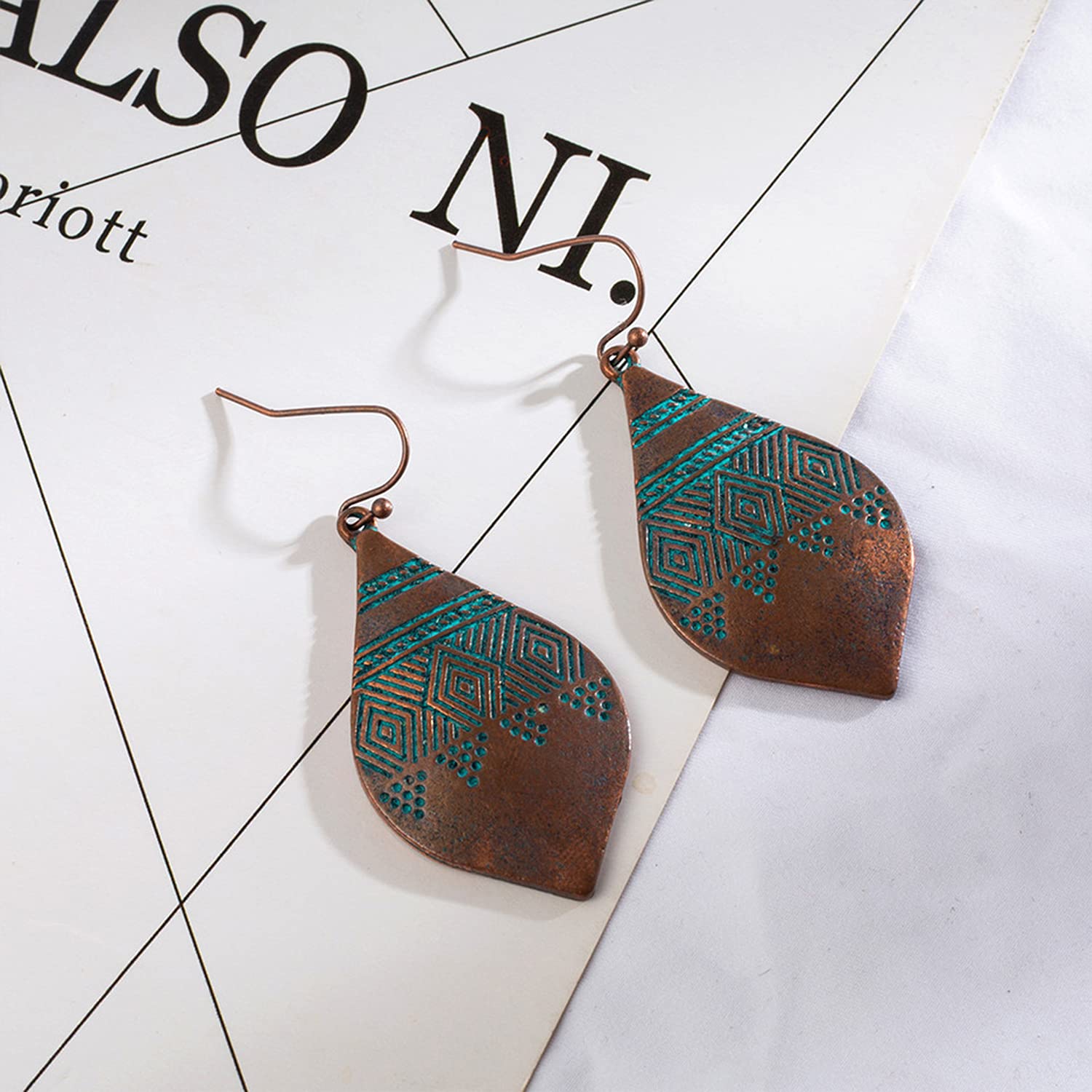 TIANBANGSHI Handmade Vintage leaf Earrings Bohemian Hammered & Engraved Earrings Unique Antique Silver Gold Tribal Ethnic teardrop Shaped Drop Dangle Earrings for Women Jewelry (gold)