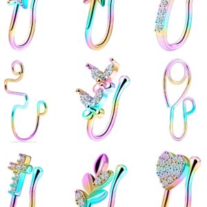 Vsnnsns Fake Nose Ring Stud Stainless Steel 20G Faux Septum Nose Piercing Jewelry Clip On Nose Ring Cuffs Non Piercing Nose Hoop Ring for Women Men 9pcs Rainbow