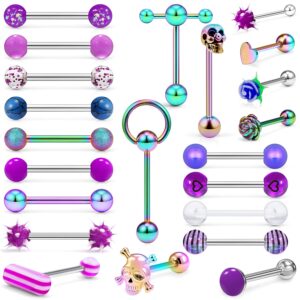 leiainely tongue rings piercing jewelry for women men work 14g 14 gauge cute green rainbow surgical stainless steel metal clear plastic acrylic rubber para la lengua aretes tounge barbell balls set