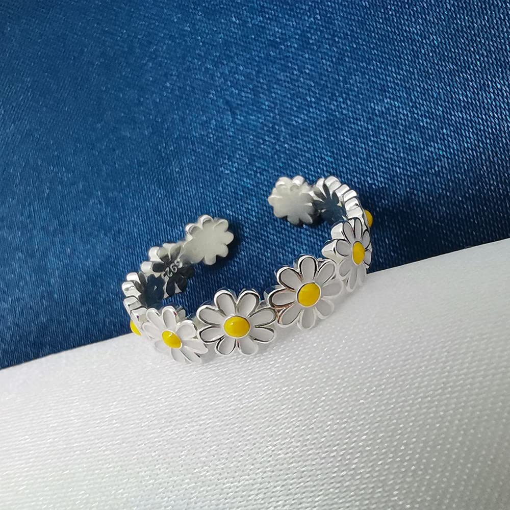 Mzztino Daisy Flower Adjustable Band Ring 925 Sterling Silver daisy Rings Tiny Dainty Simple Flower Ring