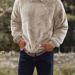 Runcati Mens Fuzzy Sherpa Sweatshirt Long Sleeve Fluffy Crew Neck Pullover Cozy Basic Unisex Fall Winter Warm Tops