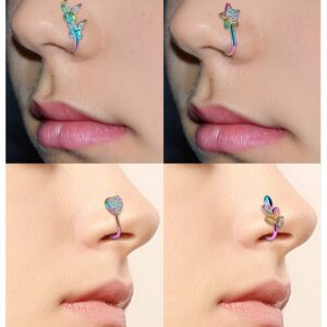 Vsnnsns Fake Nose Ring Stud Stainless Steel 20G Faux Septum Nose Piercing Jewelry Clip On Nose Ring Cuffs Non Piercing Nose Hoop Ring for Women Men 9pcs Rainbow