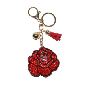 Popfizzy Rhinestone Red Rose Keychain for Women, Flower Keychain Accessories, Rose Backpack Keychain, Bling Gifts for Women