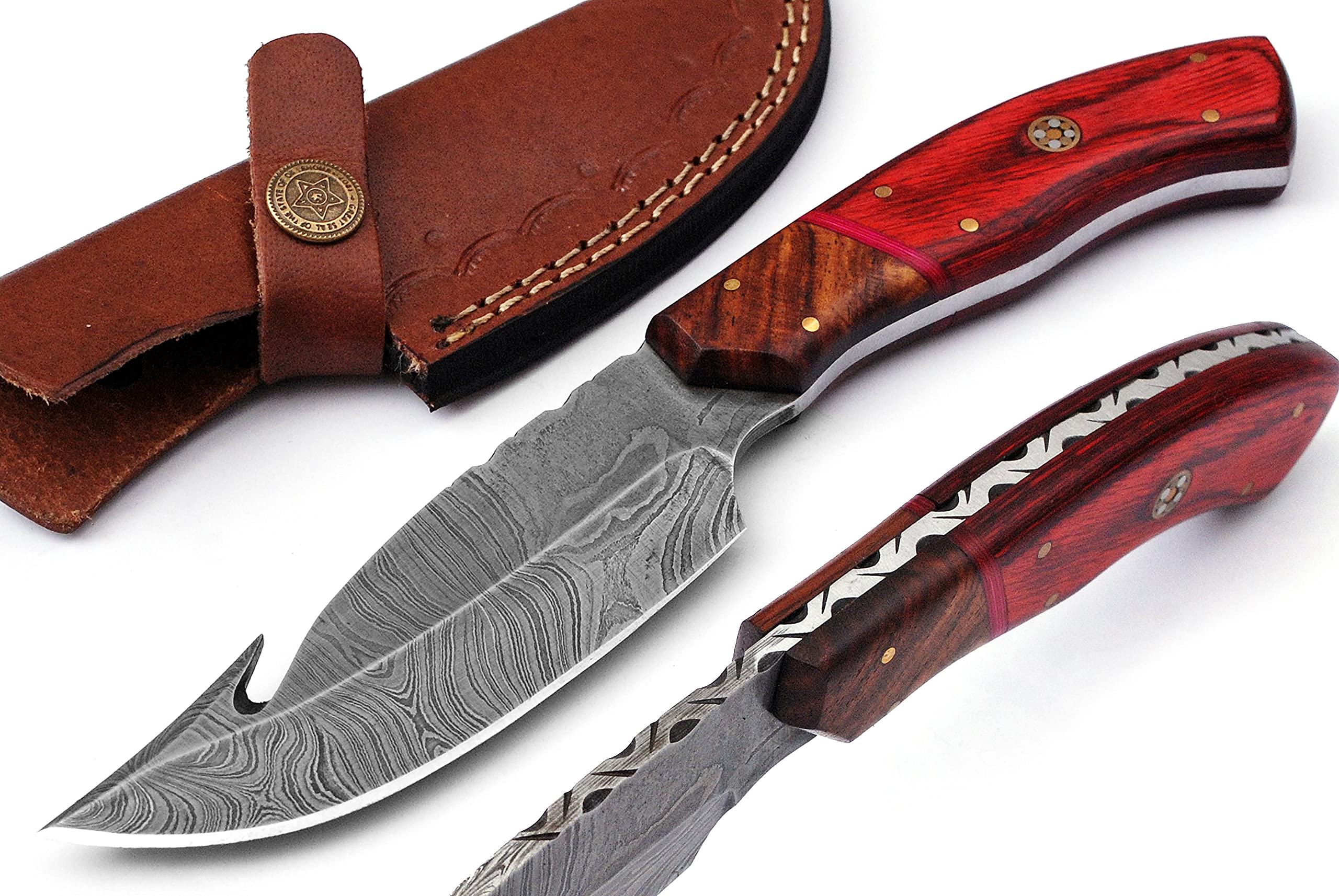 MOHID ENT Damascus Knives Damascus Steel Knife - Fixed Blade Knives - Real Damascus Hunting Knife - Best Gut Hook Skinning Knife With Leather Sheath Belt Loop