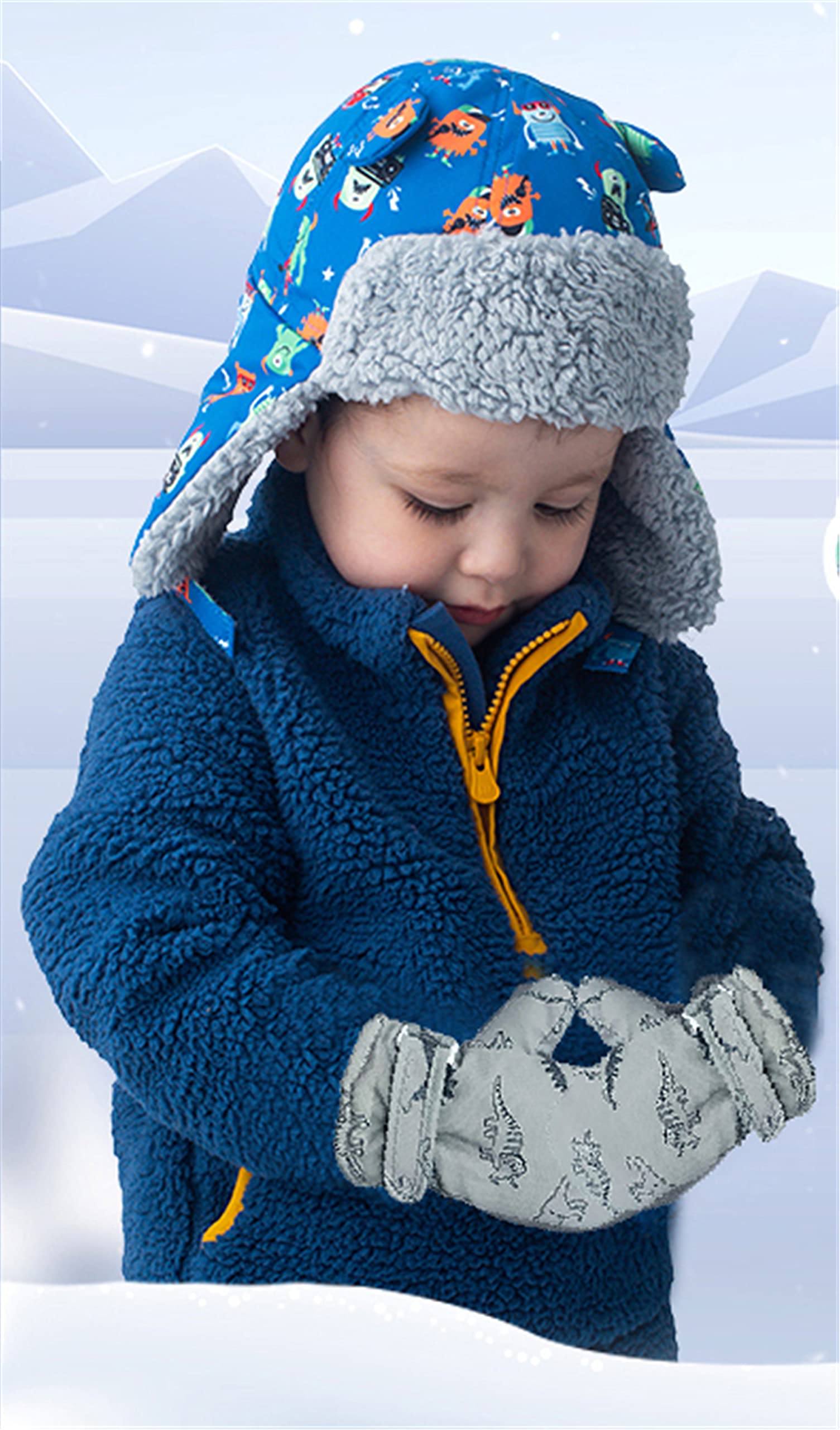 Urban Virgin Infant Baby Toddler Kids Winter Mittnes Lined Fleece Warm Waterproof Ski Snow Gloves For Boys Girls Grey Dino 6-24 Months