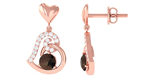 1/2 CT Smoky Quartz and Diamond Heart Drop Earrings (AAA Quality), 14K Rose Gold