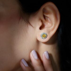 Lab Created Yellow Sapphire and Diamond Halo Stud Earrings | 2.50 Cttw | AAAA Quality, 14K White Gold