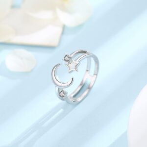 JUSTKIDSTOY Moon Ring for Women 925 Sterling Silver Crescent Moon star Ring Adjustable Open Ring Jewelry Gift for Birthday