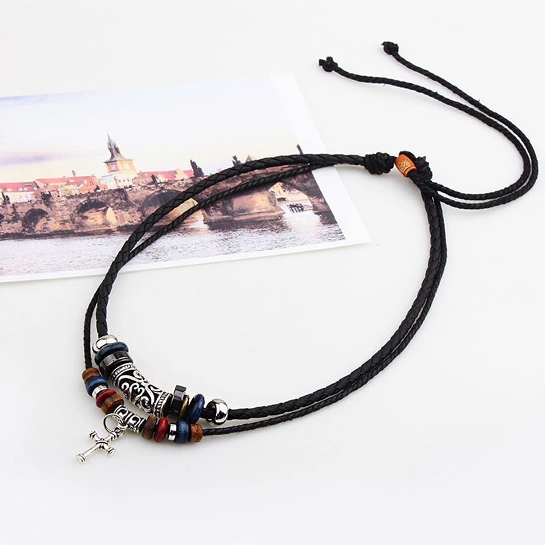 Braided Leather Necklace Vintage Style Double Layers Black Tribal Necklace with Charm Cross Pendant Black Cross